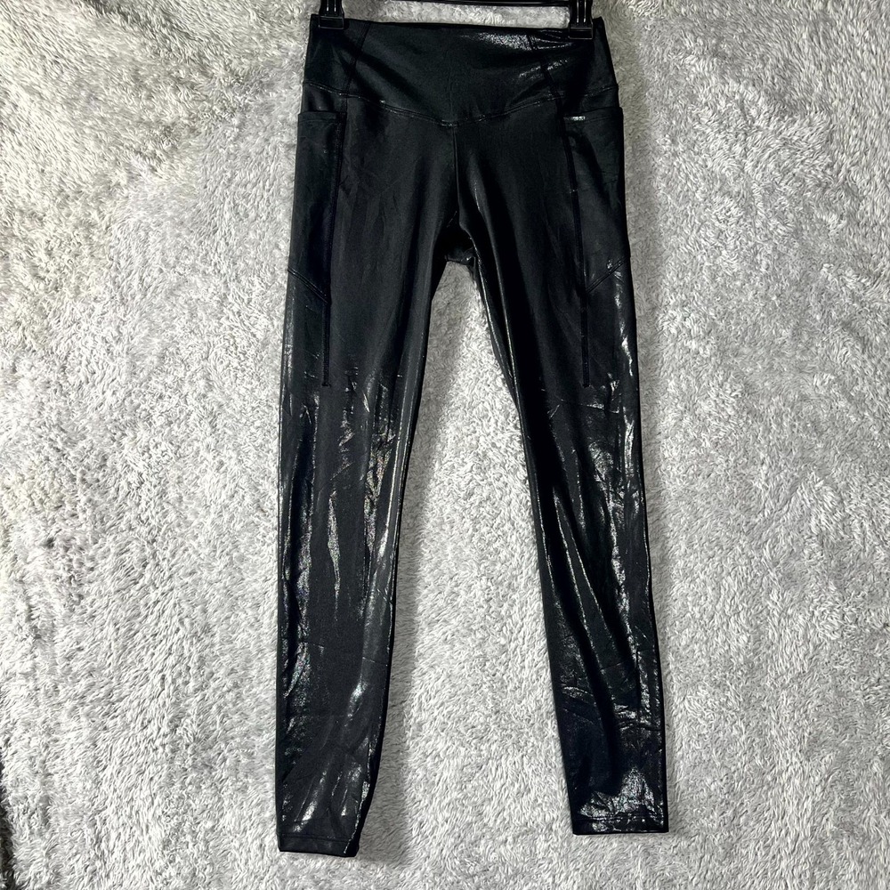 Pink Active Leggings Womens Small Metallic Black Stretch Running Athleisure